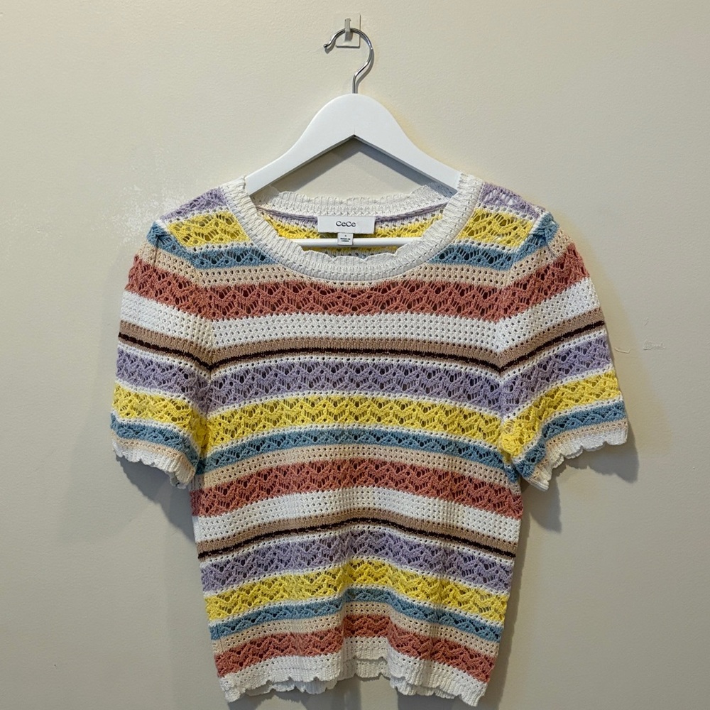 CeCe Multicolor Striped Crochet Blouse